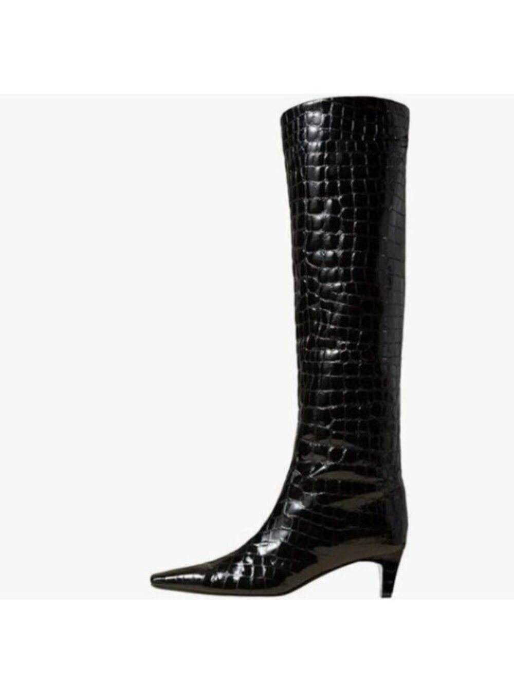 Black Crocodile Women Stretchy Knee High Boots Square Toe Kitten Heel Long Boots